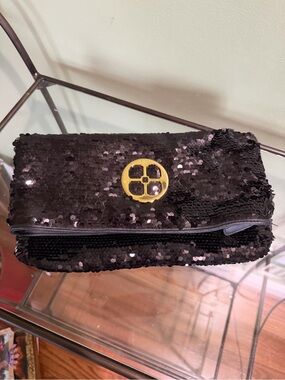 IMAN Black Sequin Fold-Over Clutch with Gold Accent